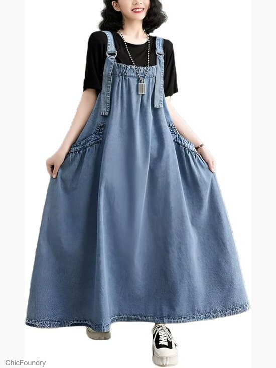 Dresses & Skirts - Denim Jumper Dress Loose Fit Maxi Length Adjustable Straps A-Line